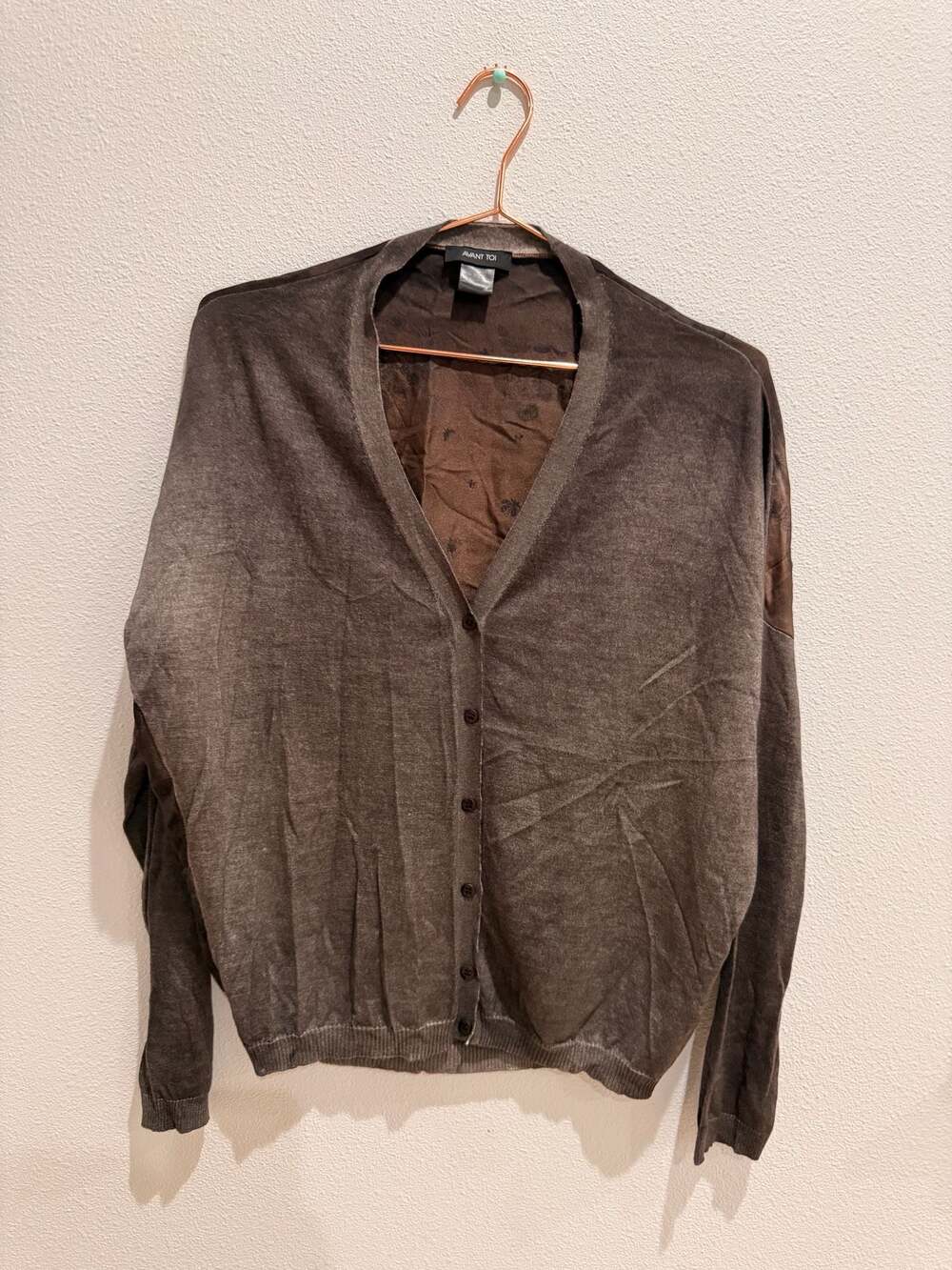 AVANT TOI Brown Cashmere-Silk Blend Cardigan with Floral Silk Back Panel